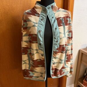 Cali Chic Western Aztec Women's Buttoned Zipper Pockets Fleece Jacket, Sz M